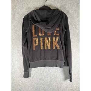 Victoria Secret PINK Velour Zip Up Hoodie Sequin Love PINK Logo Black Small Y2K